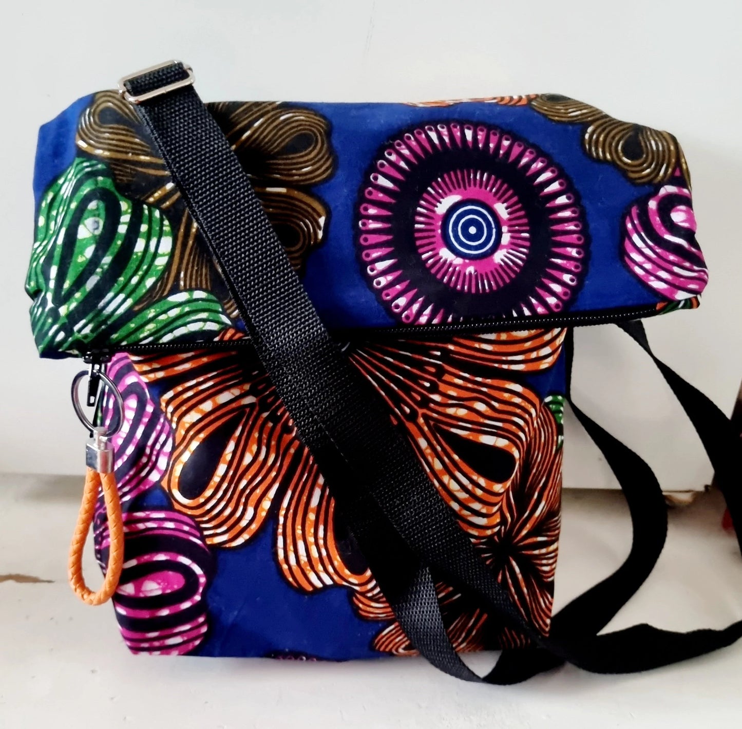 African Wax Print Crossbody Messenger Bag with Braided Key Ring