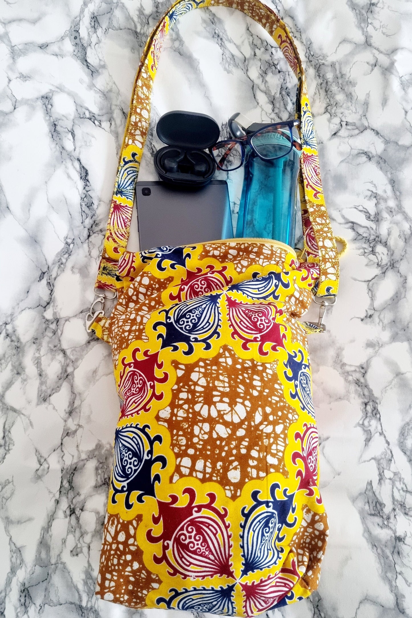 African Wax Print Slouch Boho Messenger Bag with Braided Key Ring