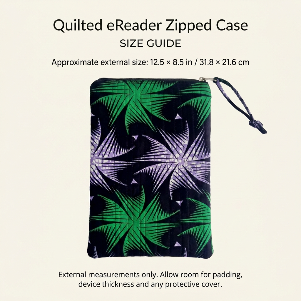 eReader size guide with corrected fabric zip pull