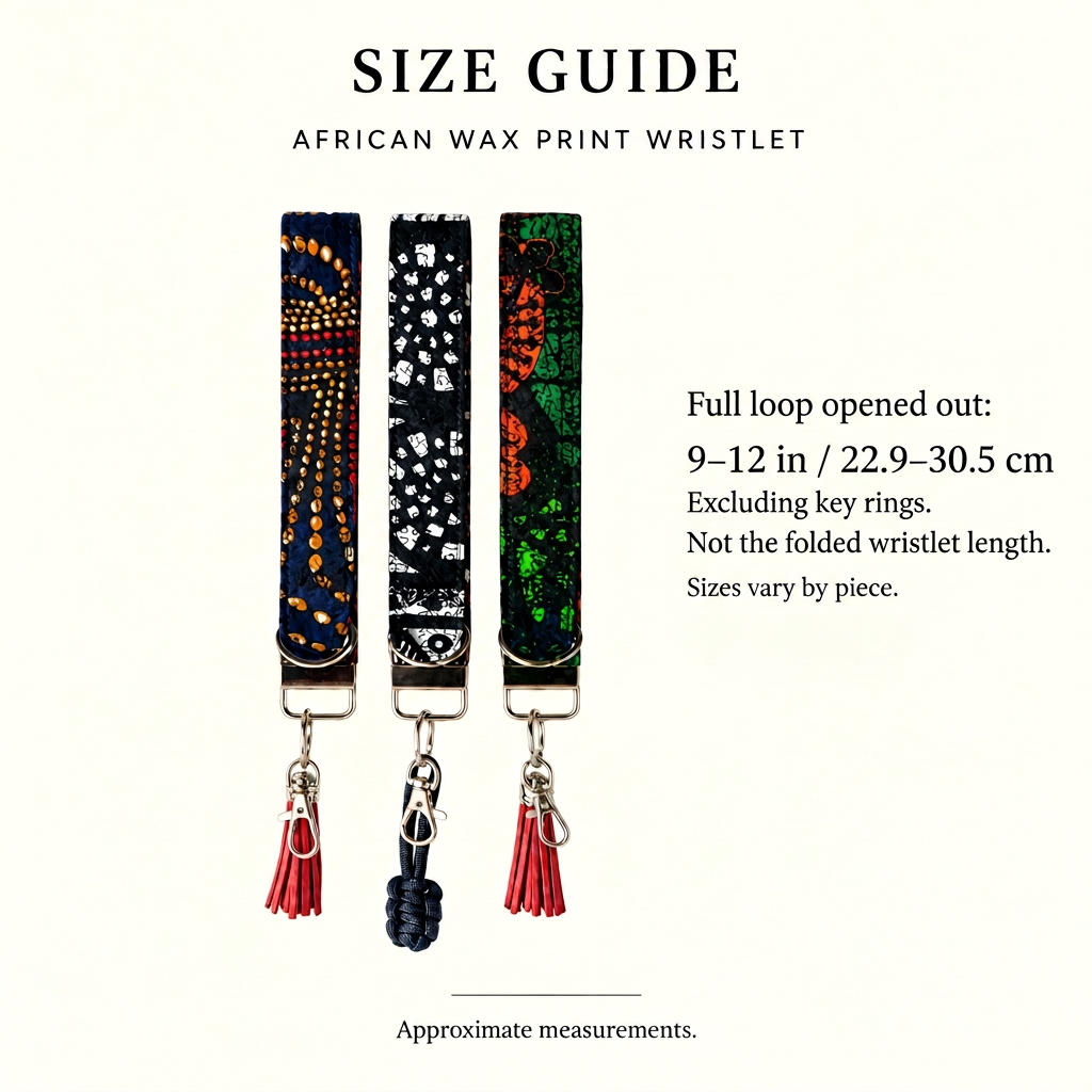 African wax print wristlet size guide: full loop opened out measures approximately 9–12 inches (22.9–30.5 cm), excluding key rings, not the folded wristlet length.