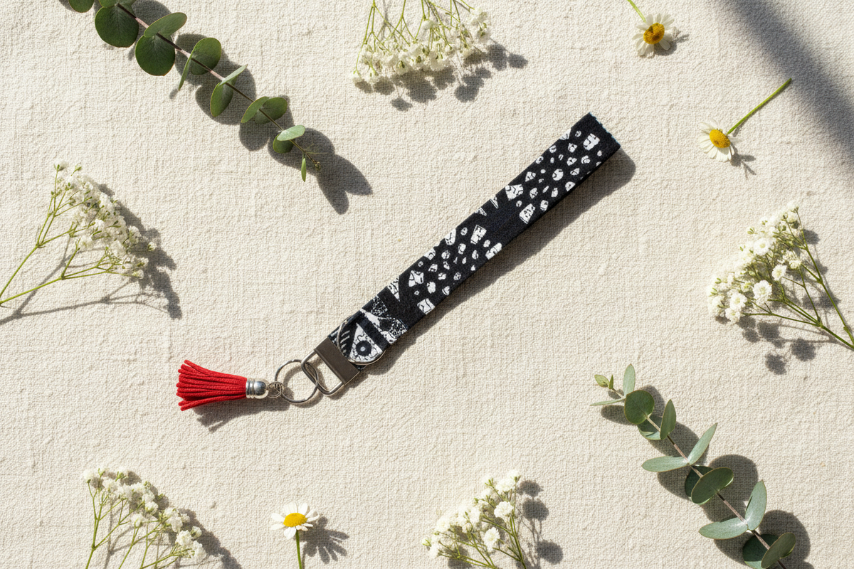 Key fob wristlet flat lay