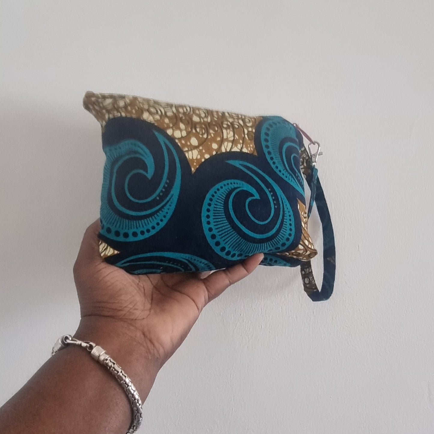 African Wax Print Zipped Pouch with Carry Strap — Swirls