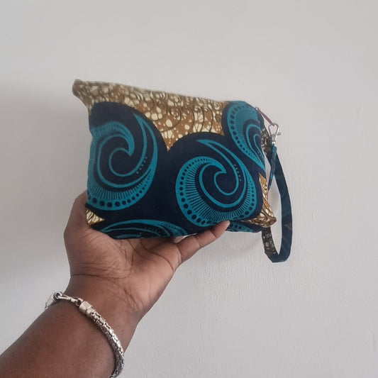 African Wax Print Zipped Pouch with Carry Strap — Swirls