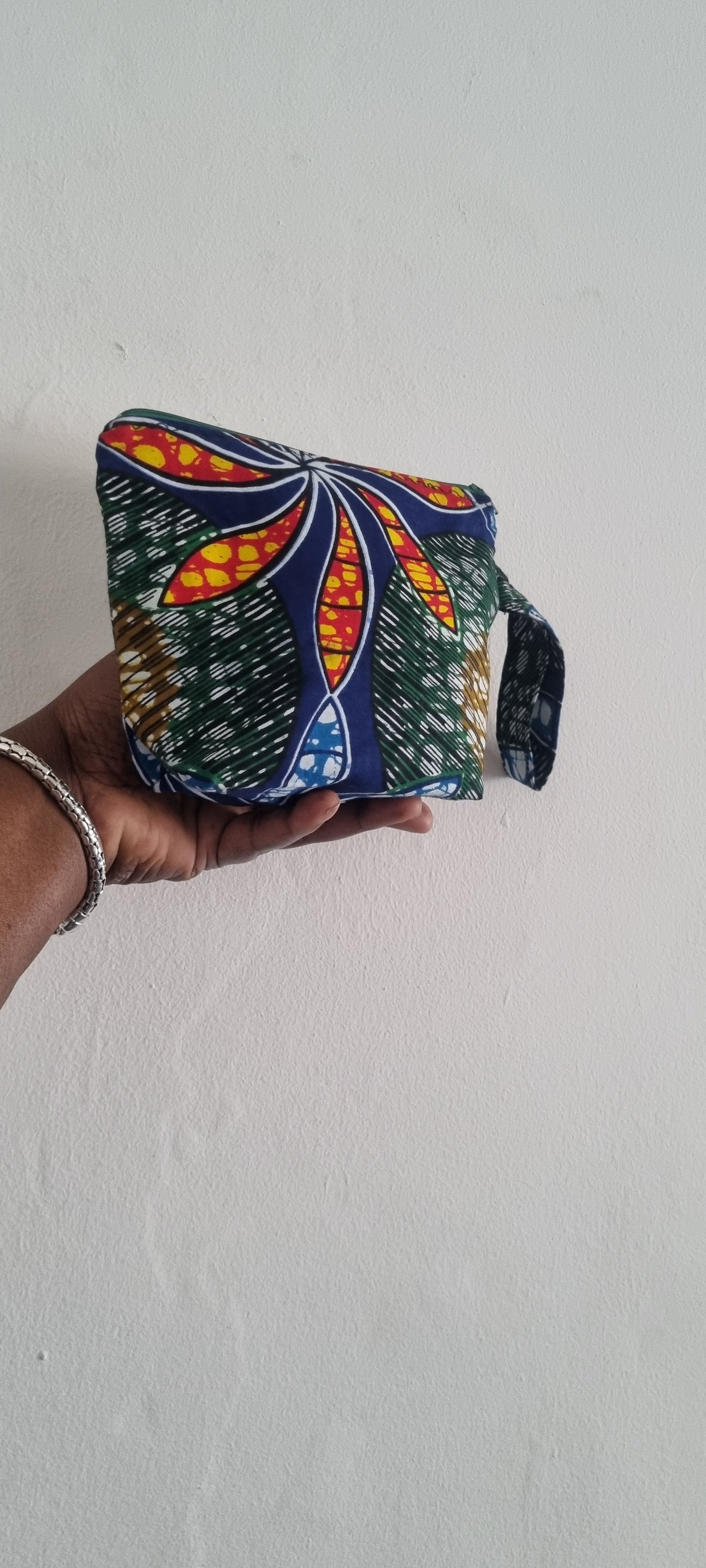 African Wax Print Zipped Pouch with Carry Strap — Large Flower