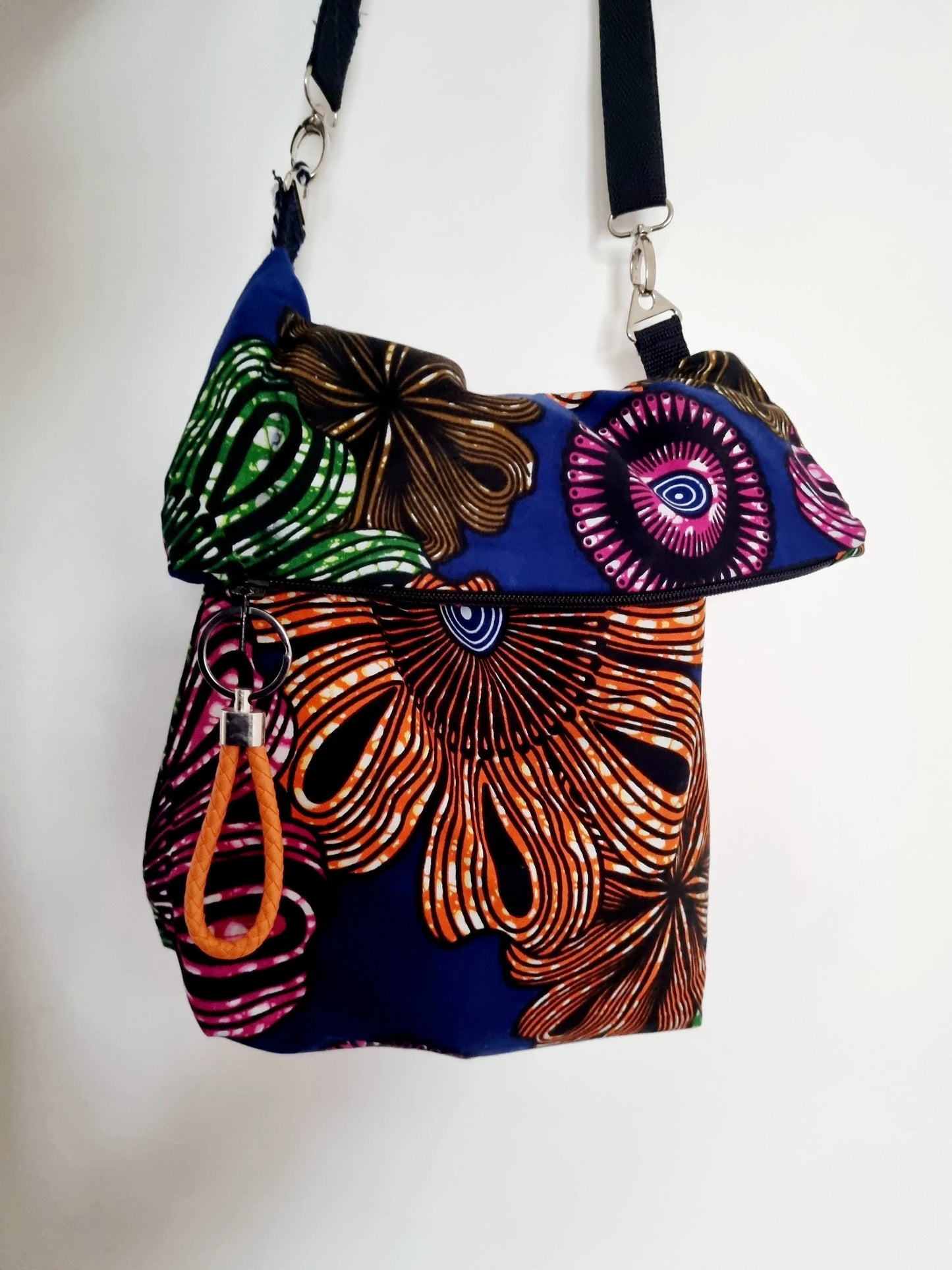 African Wax Print Crossbody Messenger Bag with Braided Key Ring