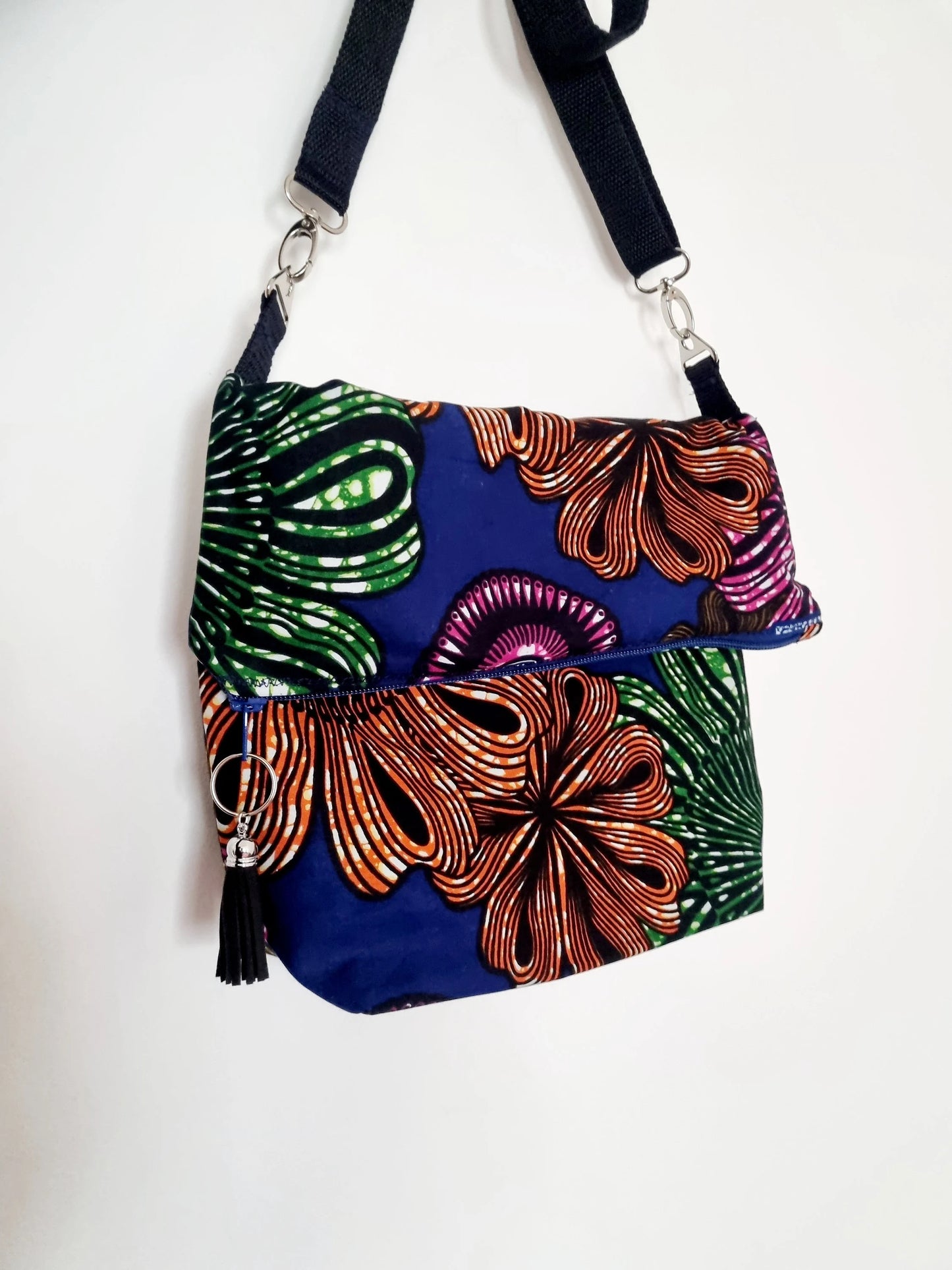 African Wax Print Crossbody Messenger Bag with Braided Key Ring