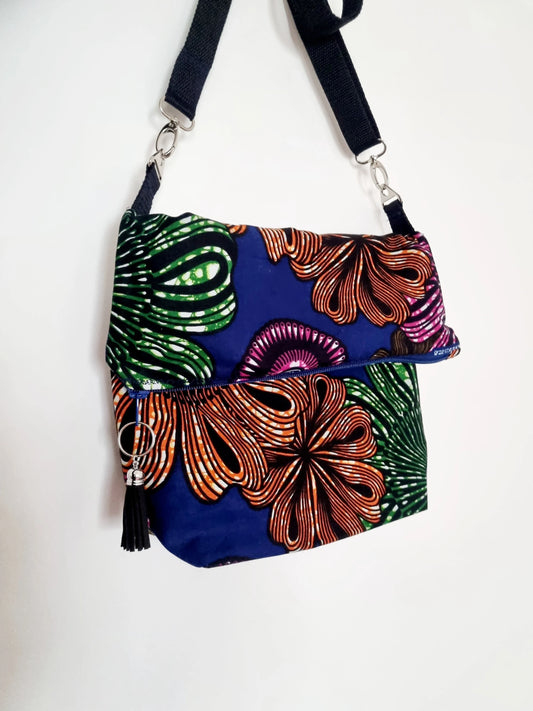African Wax Print Crossbody Messenger Bag with Braided Key Ring