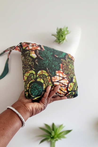 African Wax Print Zipped Pouch with Carry Strap — Lime & Green Flowers