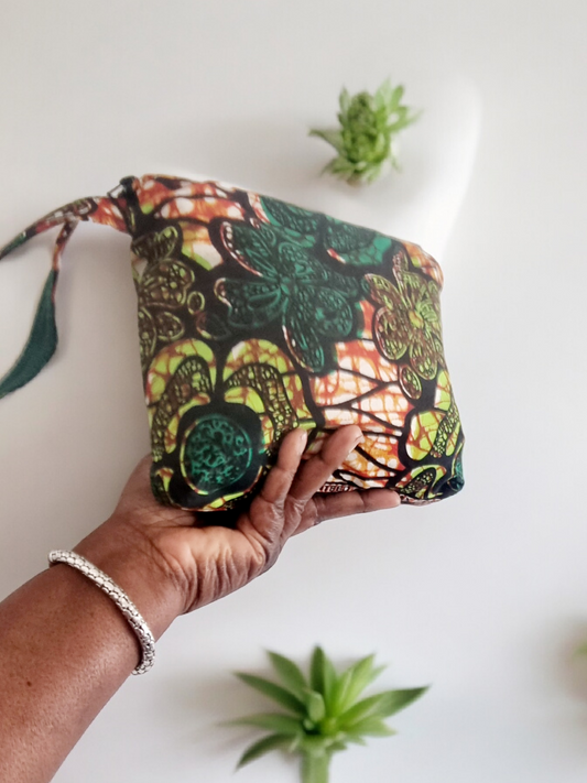 African Wax Print Zipped Pouch with Carry Strap — Lime & Green Flowers