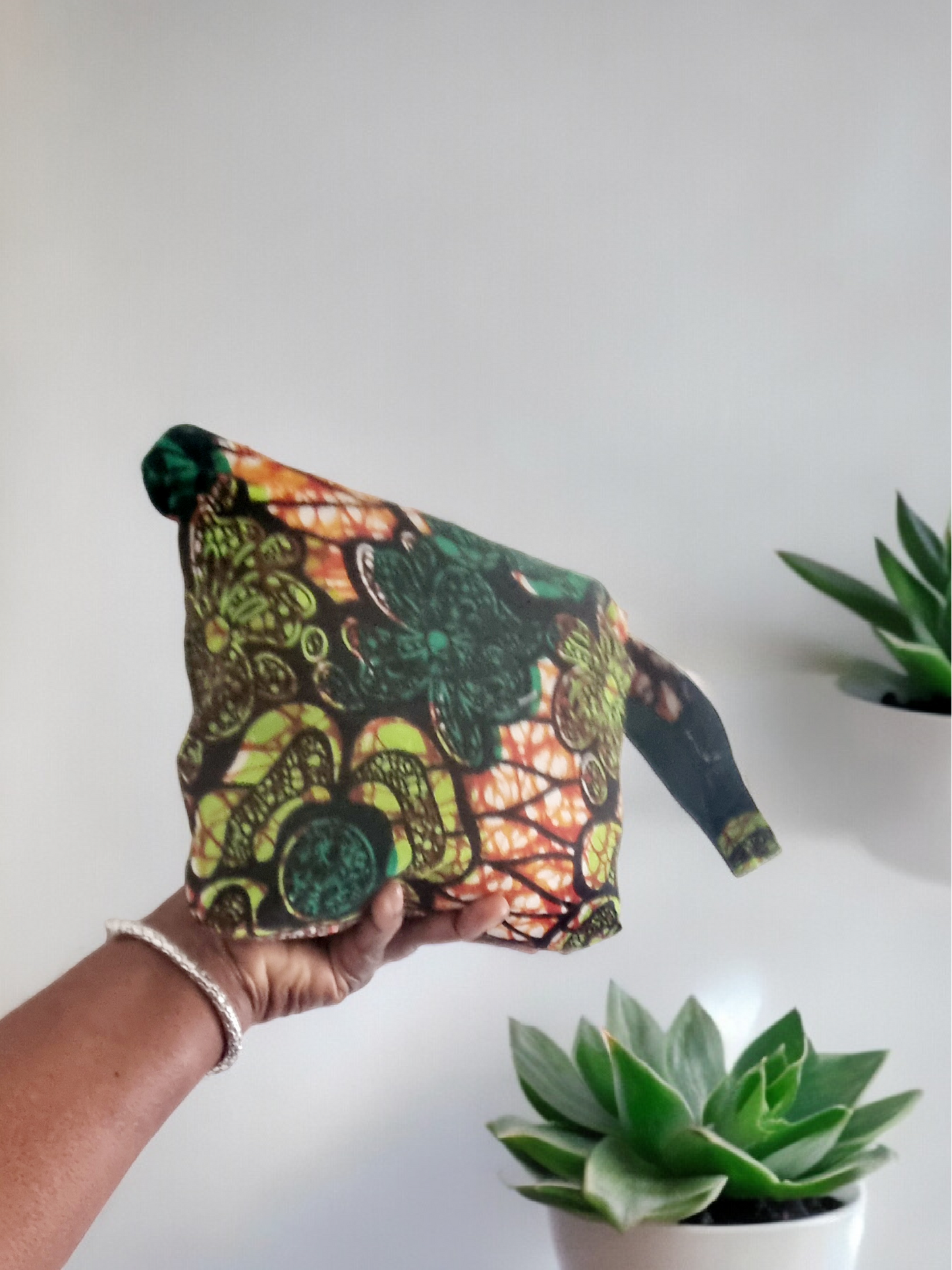 African Wax Print Zipped Pouch with Carry Strap — Lime & Green Flowers