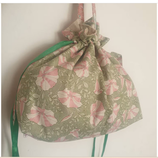 Large Reusable Drawstring Bag — Pink & White Petunia Print