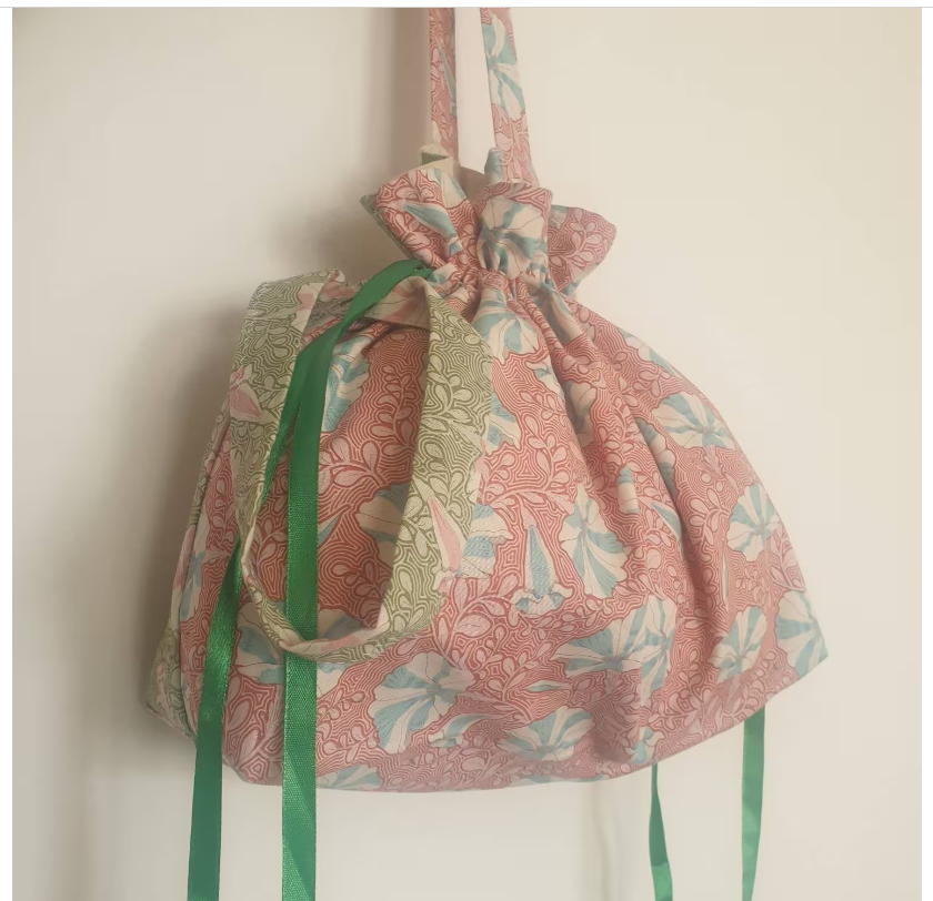 Large Reusable Drawstring Bag — Pink & White Petunia Print