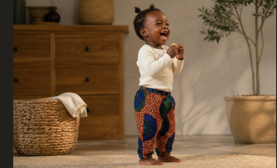 A toddler standing barefoot indoors, wearing a white long-sleeve top and colorful patterned pants with blue, green, orange, and red tones. The room has a wooden dresser, woven basket, plant, and light wall.