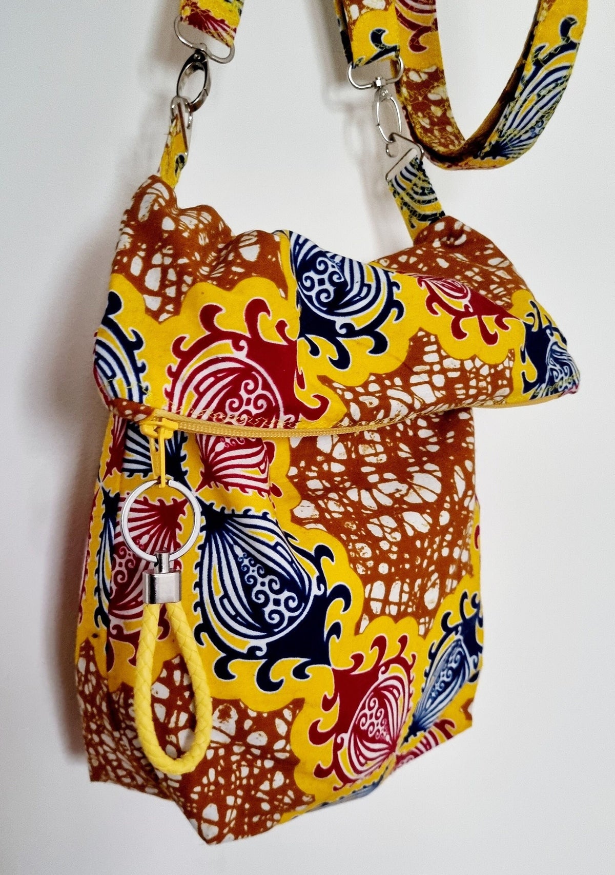 African Wax Print Slouch Boho Messenger Bag with Braided Key Ring