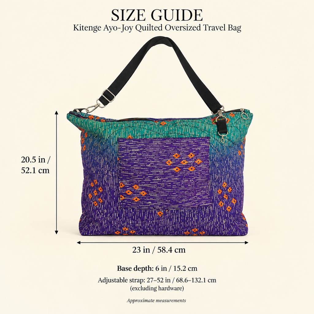 Ayo-Joy Traveller approximate size guide: width 23 inches (58.4 cm), body height 20.5 inches (52.1 cm), base depth 6 inches (15.2 cm), adjustable strap 27–52 inches (68.6–132.1 cm), excluding hardware.