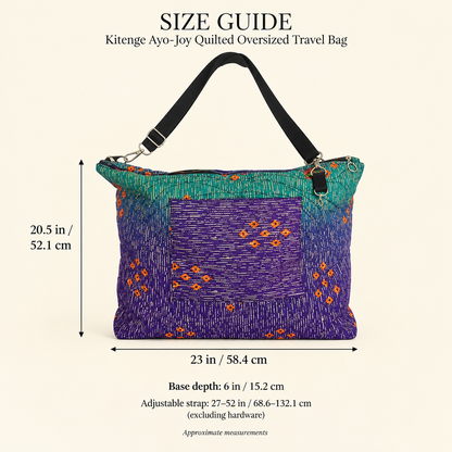 Ayo-Joy Traveller approximate size guide: width 23 inches (58.4 cm), body height 20.5 inches (52.1 cm), base depth 6 inches (15.2 cm), adjustable strap 27–52 inches (68.6–132.1 cm), excluding hardware.