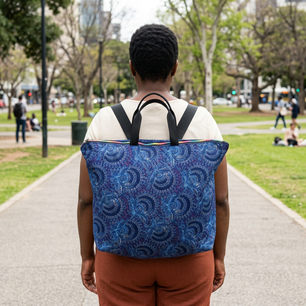 Rear view of a woman wearing the blue paisley Blue Peacocks Traveller as a backpack, with two black straps over her shoulders.