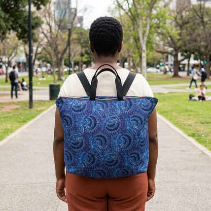 Rear view of a woman wearing the blue paisley Blue Peacocks Traveller as a backpack, with two black straps over her shoulders.
