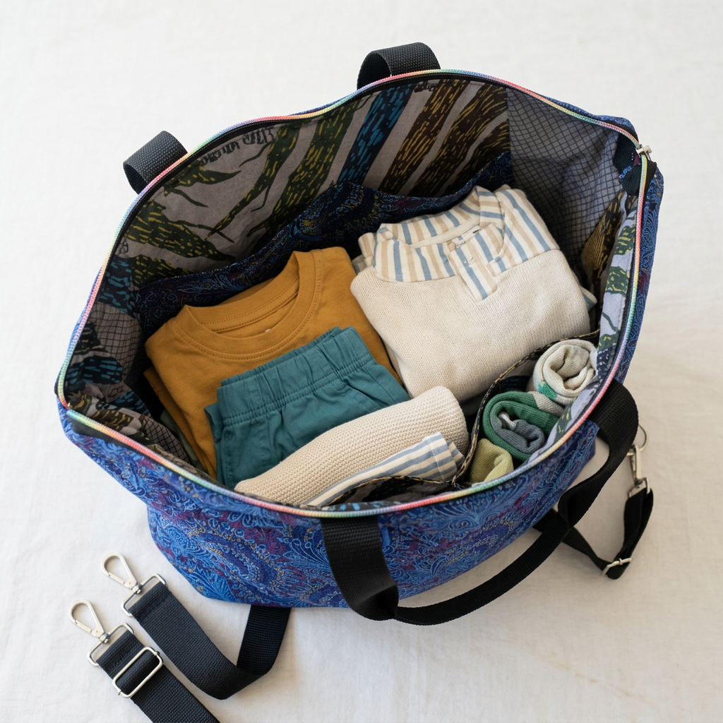Blue Peacocks Traveller packed with folded children’s clothes, showing the leaf-print lining, rainbow zip and detachable black straps.