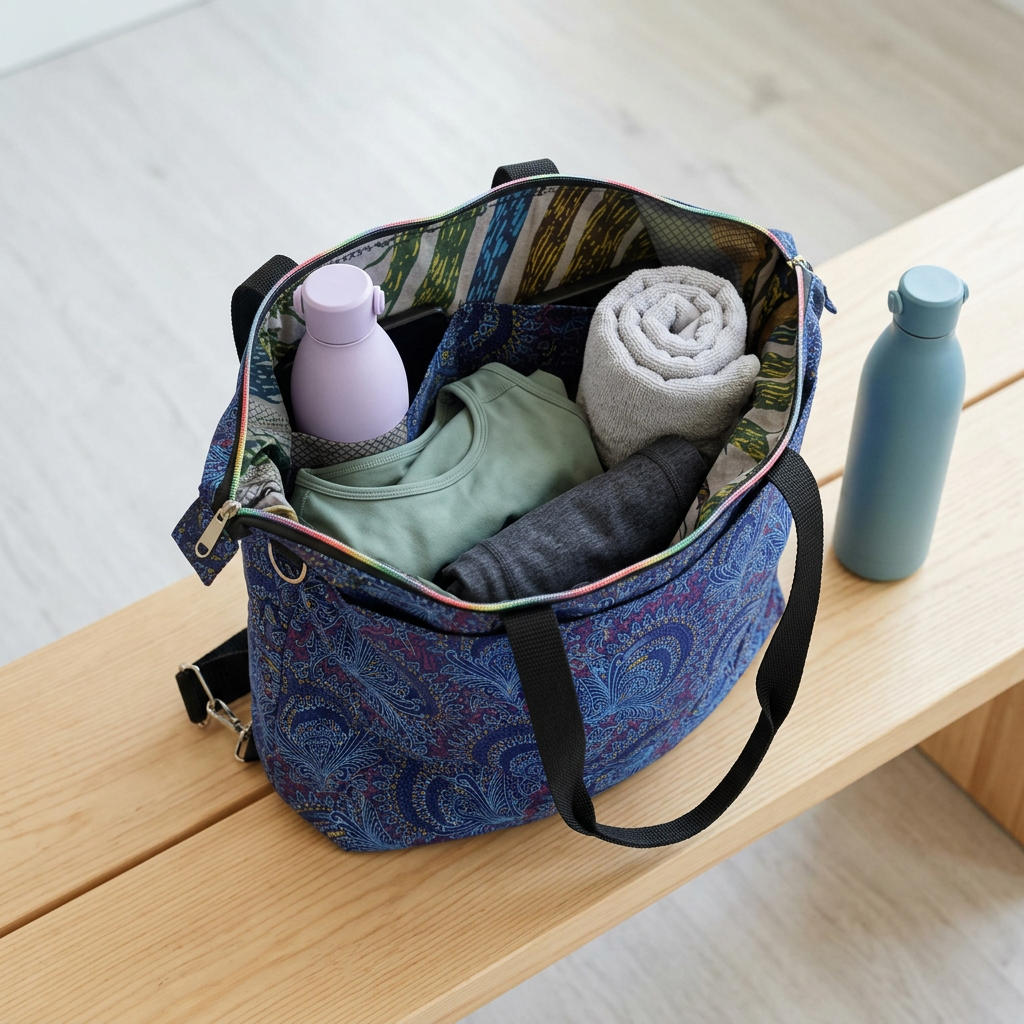 Open Blue Peacocks Traveller packed with gym clothes, a rolled towel and a lavender water bottle, with a teal bottle beside it.
