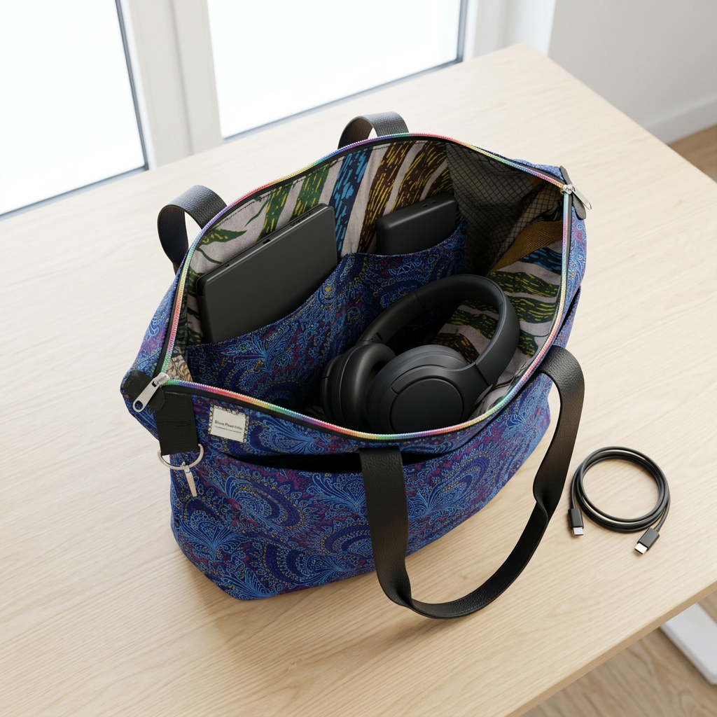 Open Blue Peacocks Traveller holding a phone, tablet and headphones, with leaf-print lining visible and a coiled charging cable beside the bag.