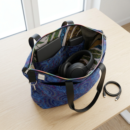 Open Blue Peacocks Traveller holding a phone, tablet and headphones, with leaf-print lining visible and a coiled charging cable beside the bag.