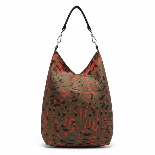 Big Bag Maker hobo shoulder bag with abstract red, olive green, and black print, black strap, and silver hardware.