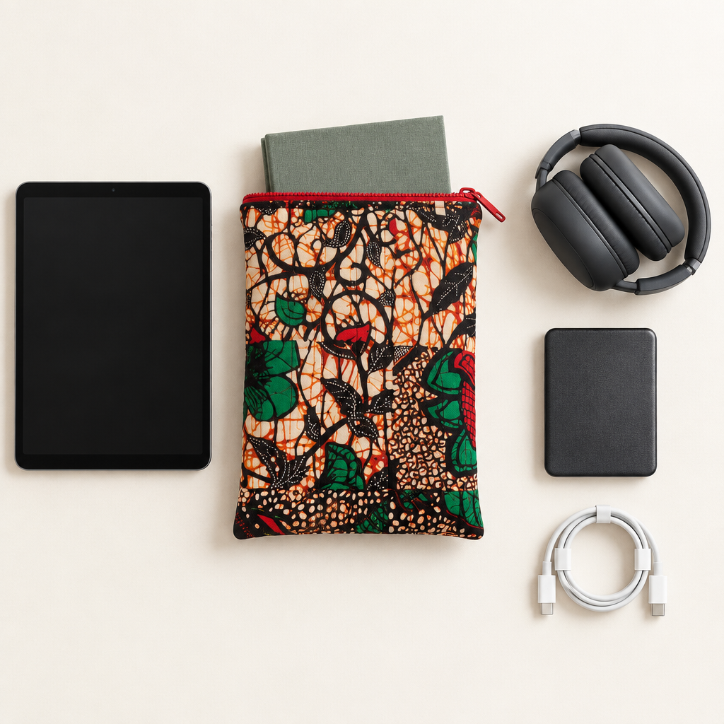 Botanical case with a book partly inside and unbranded gadgets