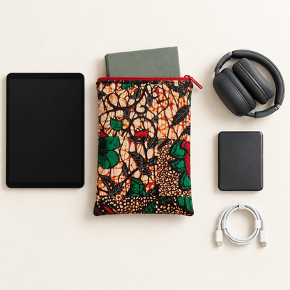 Botanical case with a book partly inside and unbranded gadgets