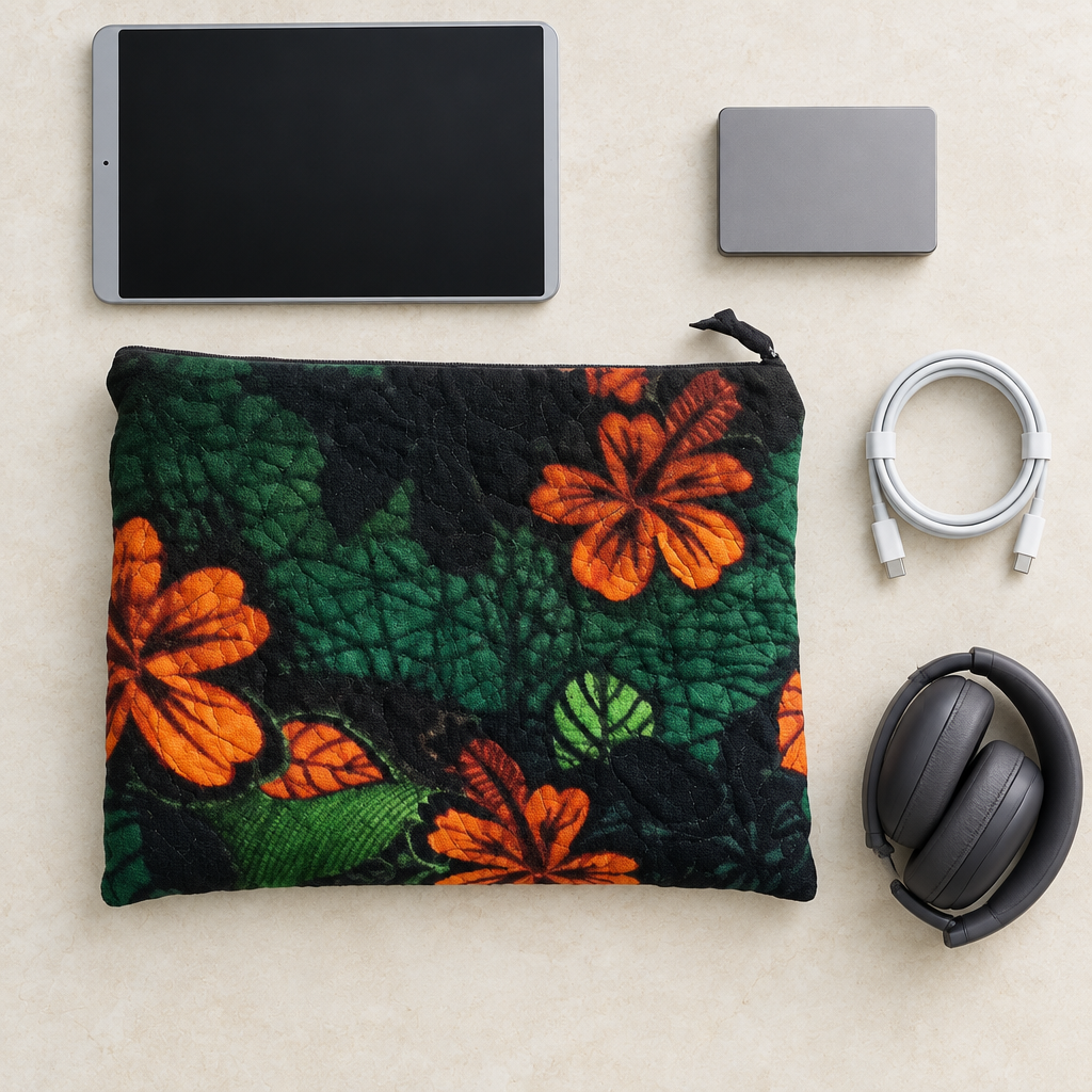 Botanical case with unbranded tablet, headphones, drive and cable