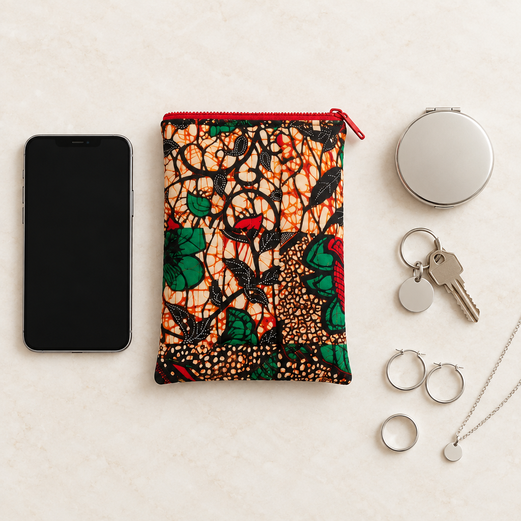 Botanical evening pouch flat lay