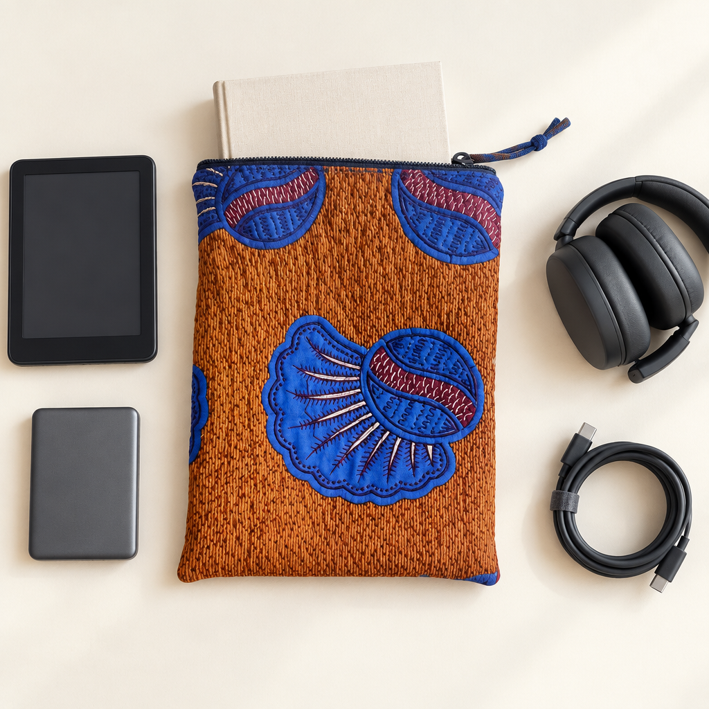 Bronze and blue case with a book inside and unbranded gadgets