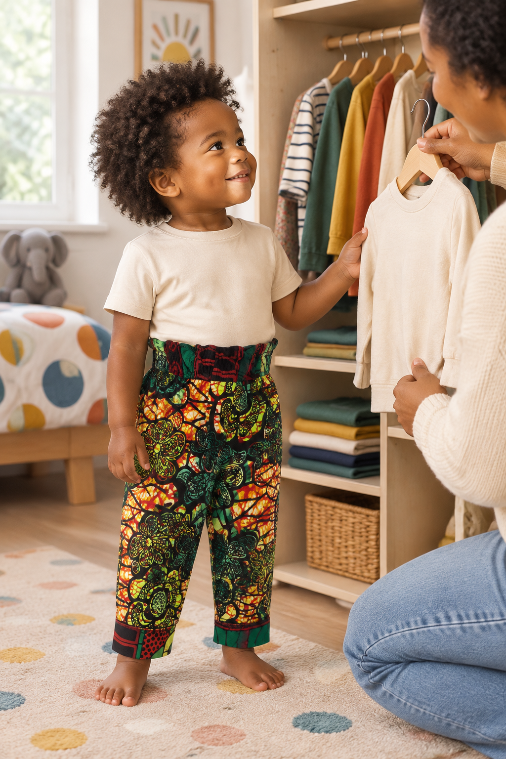 Child choosing clothes, wardrobe editorial preview