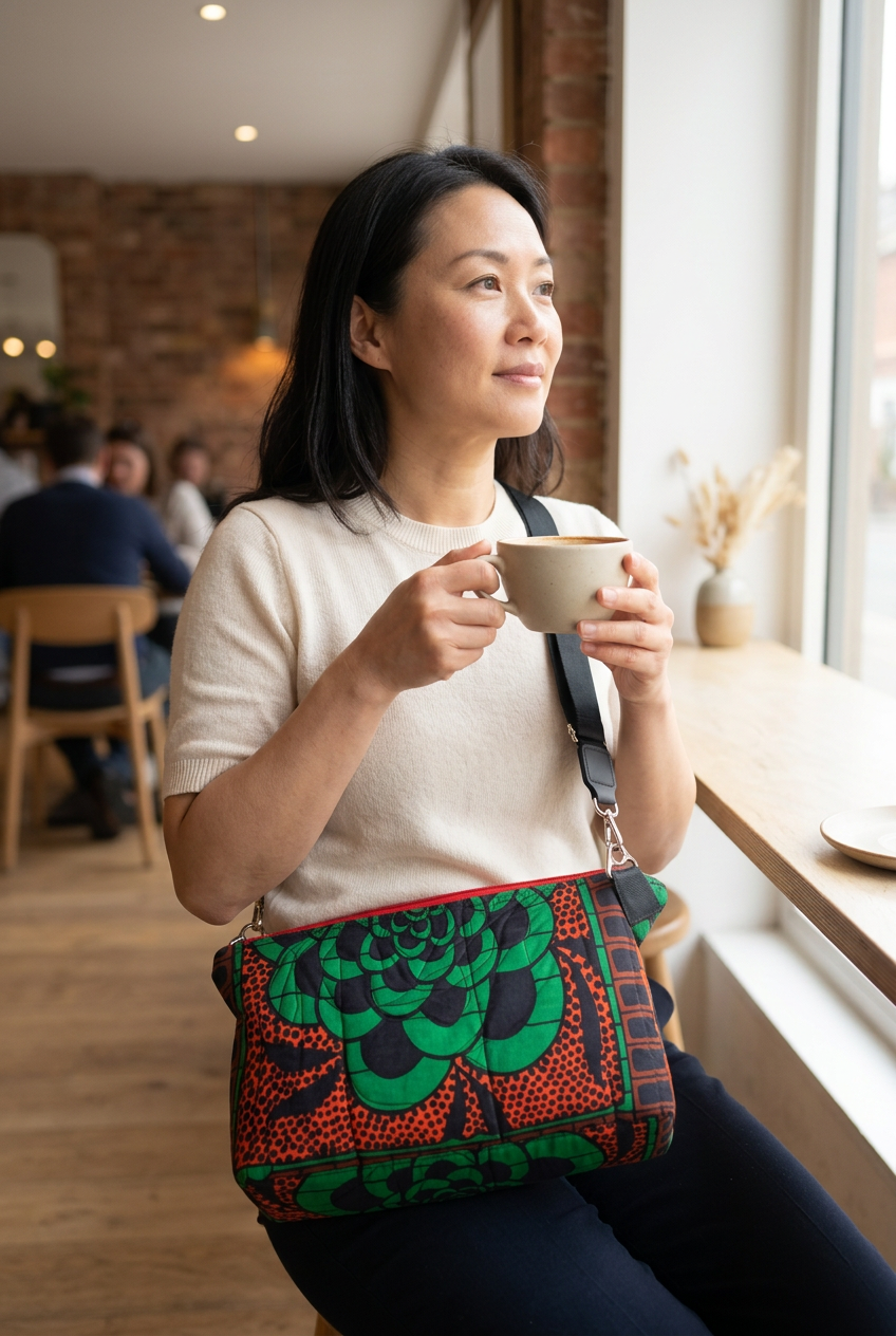 East Asian woman relaxing in a café wearing the Hibiscus & Sunflower crossbody bag