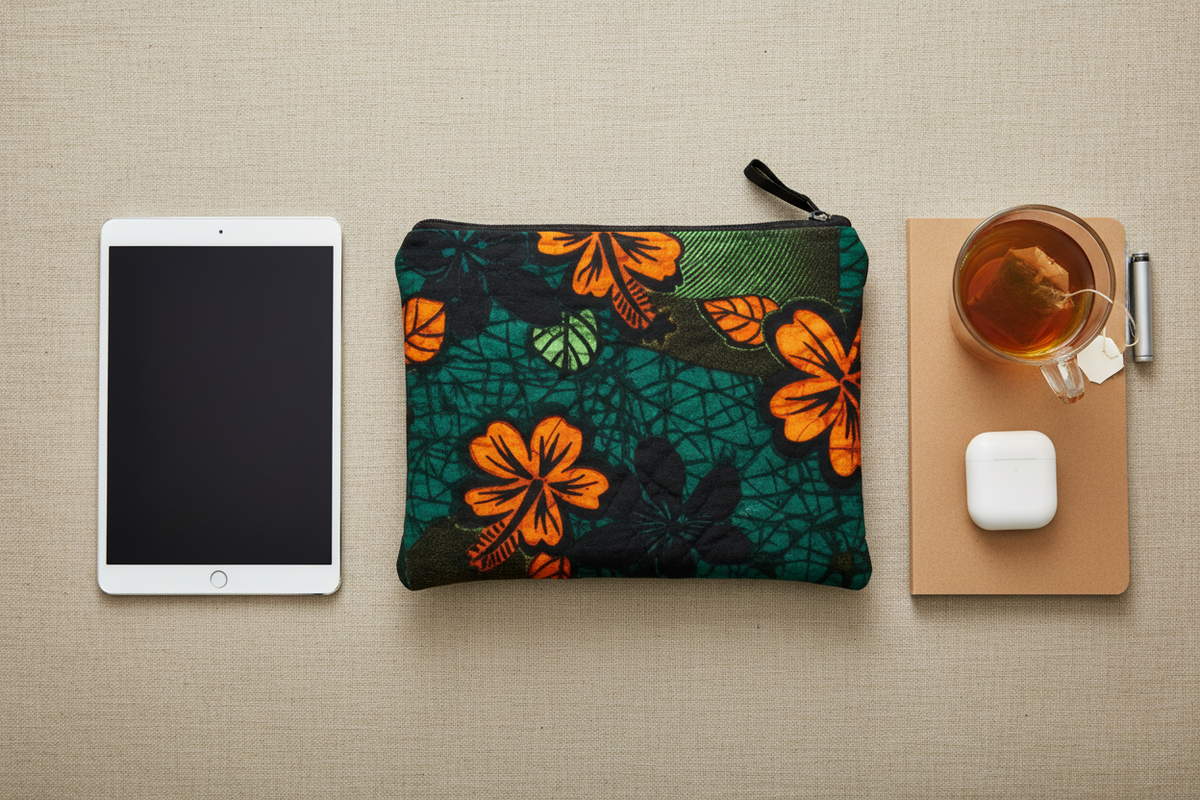 Flat lay — silver tablet, notebook and herbal tea