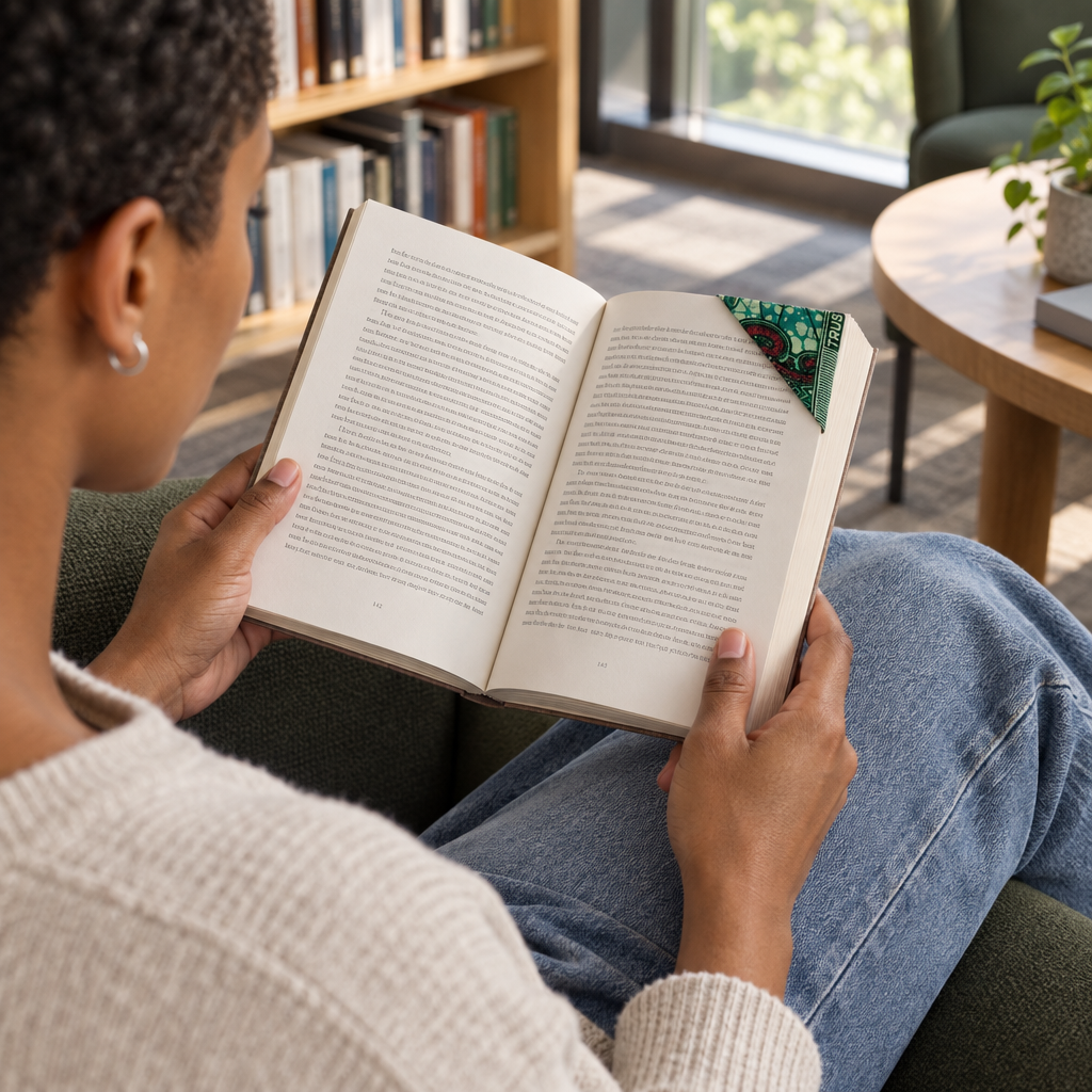 Gender-diverse adult reader using the Page Corner Bookmark