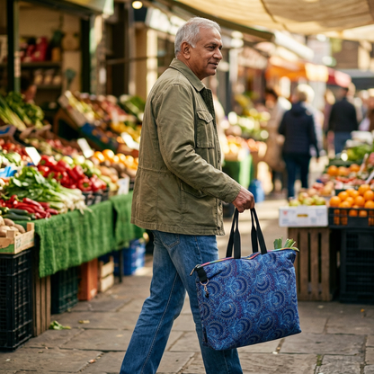 Man carrying the blue paisley Blue Peacocks Traveller by its black handles while shopping at a produce market.