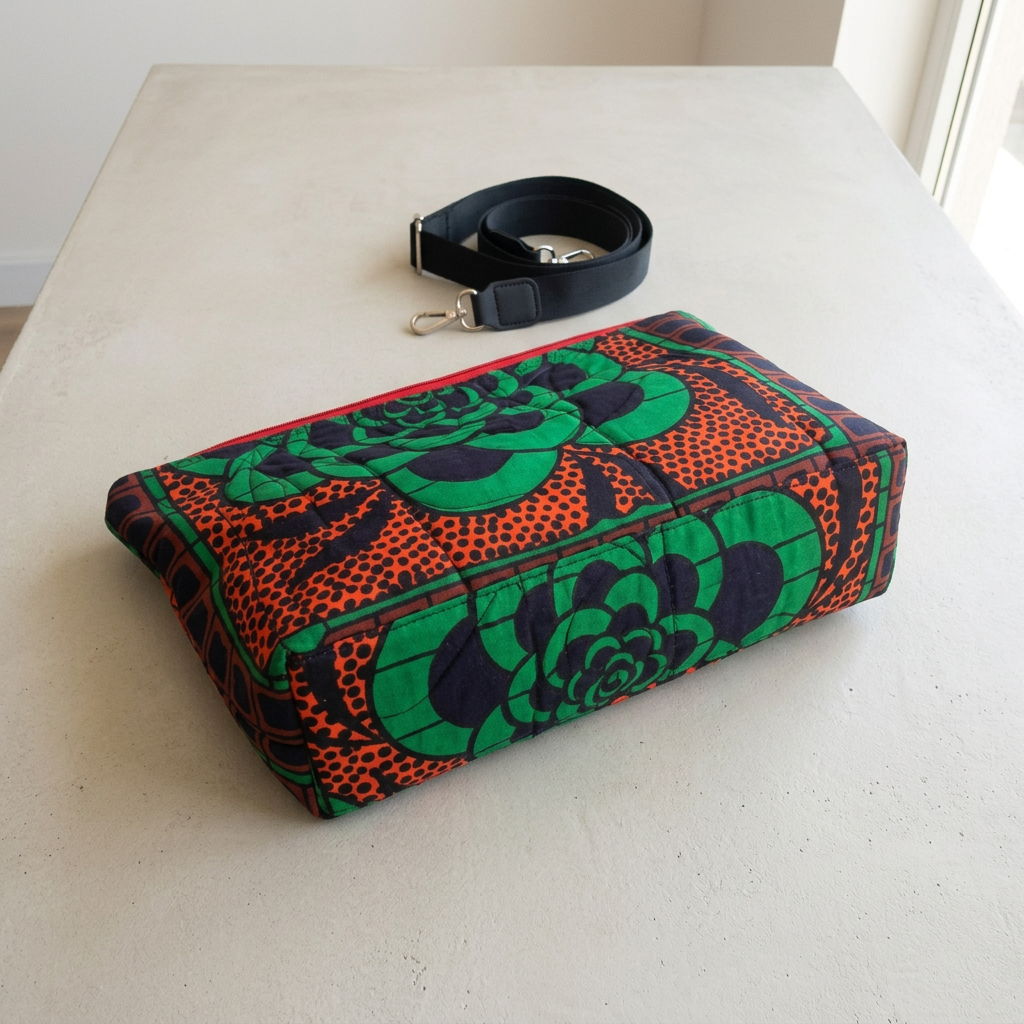 Angled view of the Hibiscus & Sunflower bag showing its boxed base and quilting, with the detached black strap behind it.