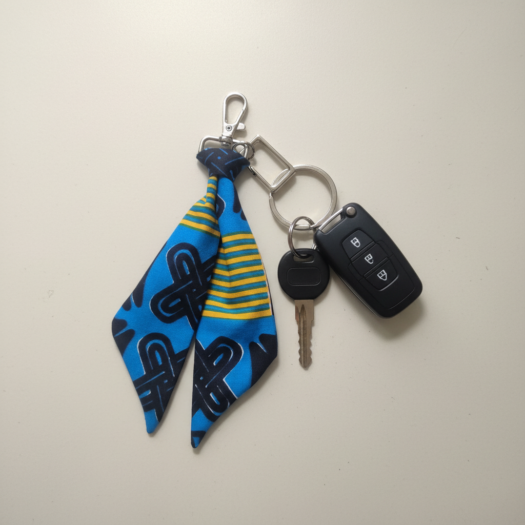 Blue necktie fabric key fob with an unbranded car remote and metal key attached to a split ring