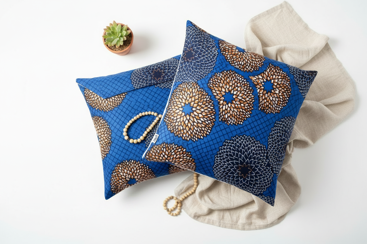 Flat lay of two blue and gold African wax print envelope cushion covers with a small plant and linen