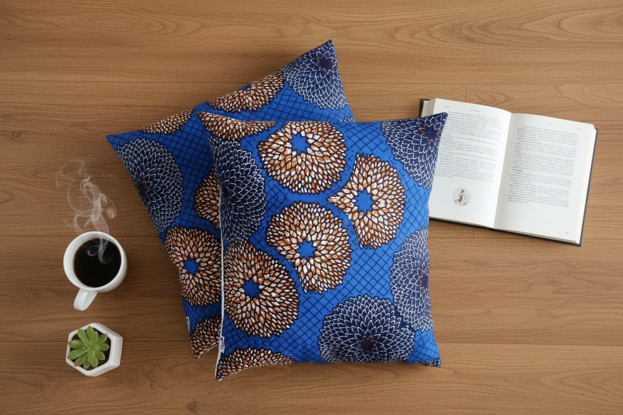 Flat lay of two blue and gold African wax print cushion covers on oak floor with coffee and book