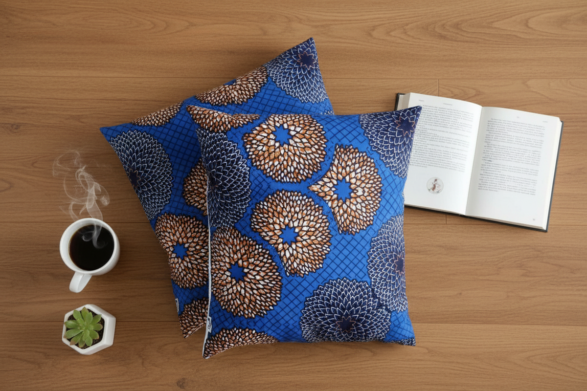 Flat lay of two blue and gold African wax print cushion covers on oak floor with coffee and book