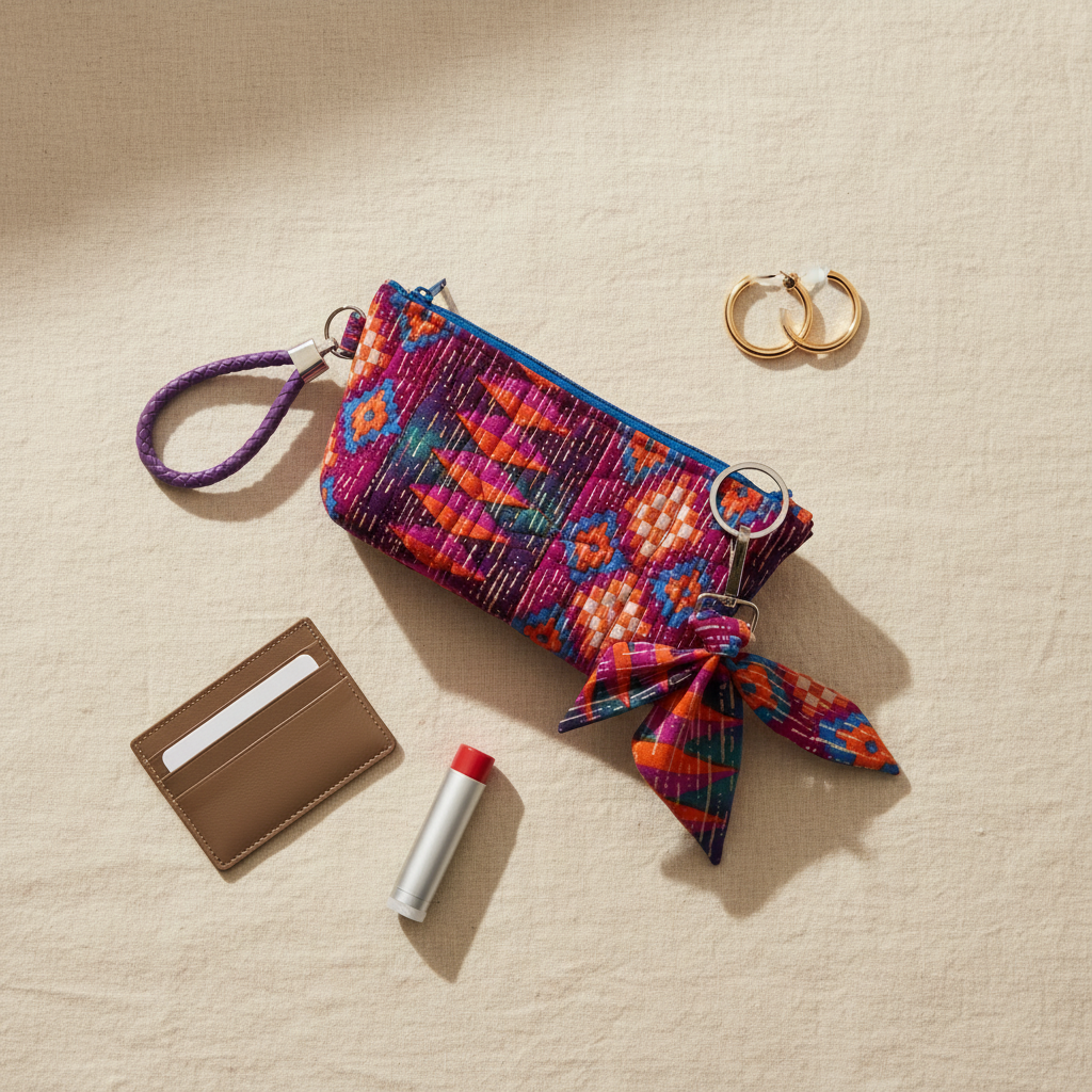 Kawandi quilted wristlet clutch flat lay on cream linen with slim card wallet, red lip balm and gold hoop earrings, overhead editorial product photography