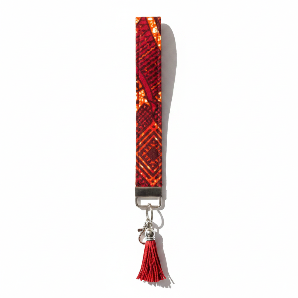 African wax print key fob wristlet in red and orange geometric Dutch wax print with silver lobster clasp and red tassel charm, white background