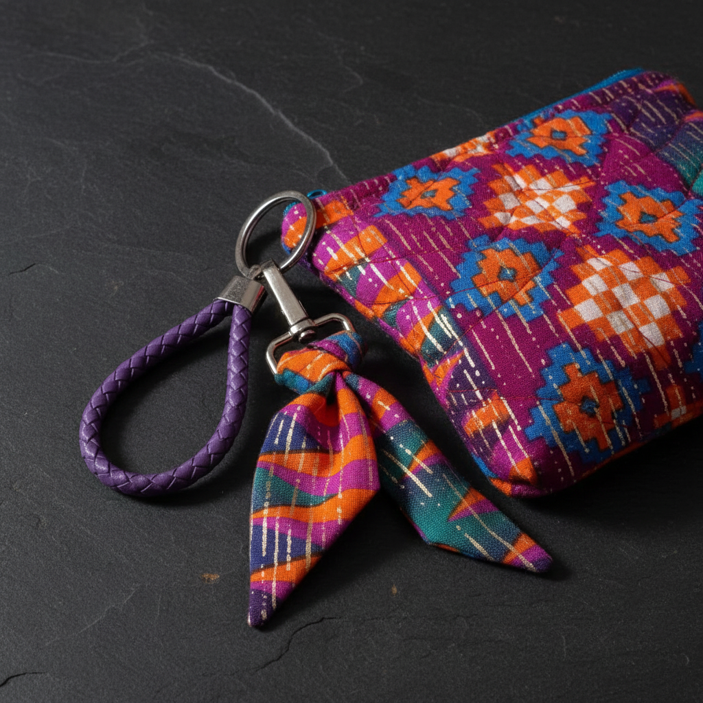 Macro close-up of Kawandi geometric quilted wristlet on dark slate showing vibrant magenta blue orange teal quilted fabric texture, purple braided loop and fabric bow charm