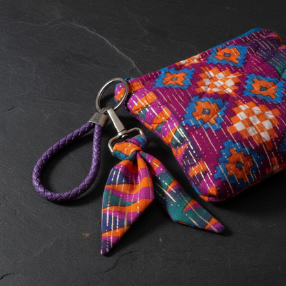 Macro close-up of Kawandi geometric quilted wristlet on dark slate showing vibrant magenta blue orange teal quilted fabric texture, purple braided loop and fabric bow charm