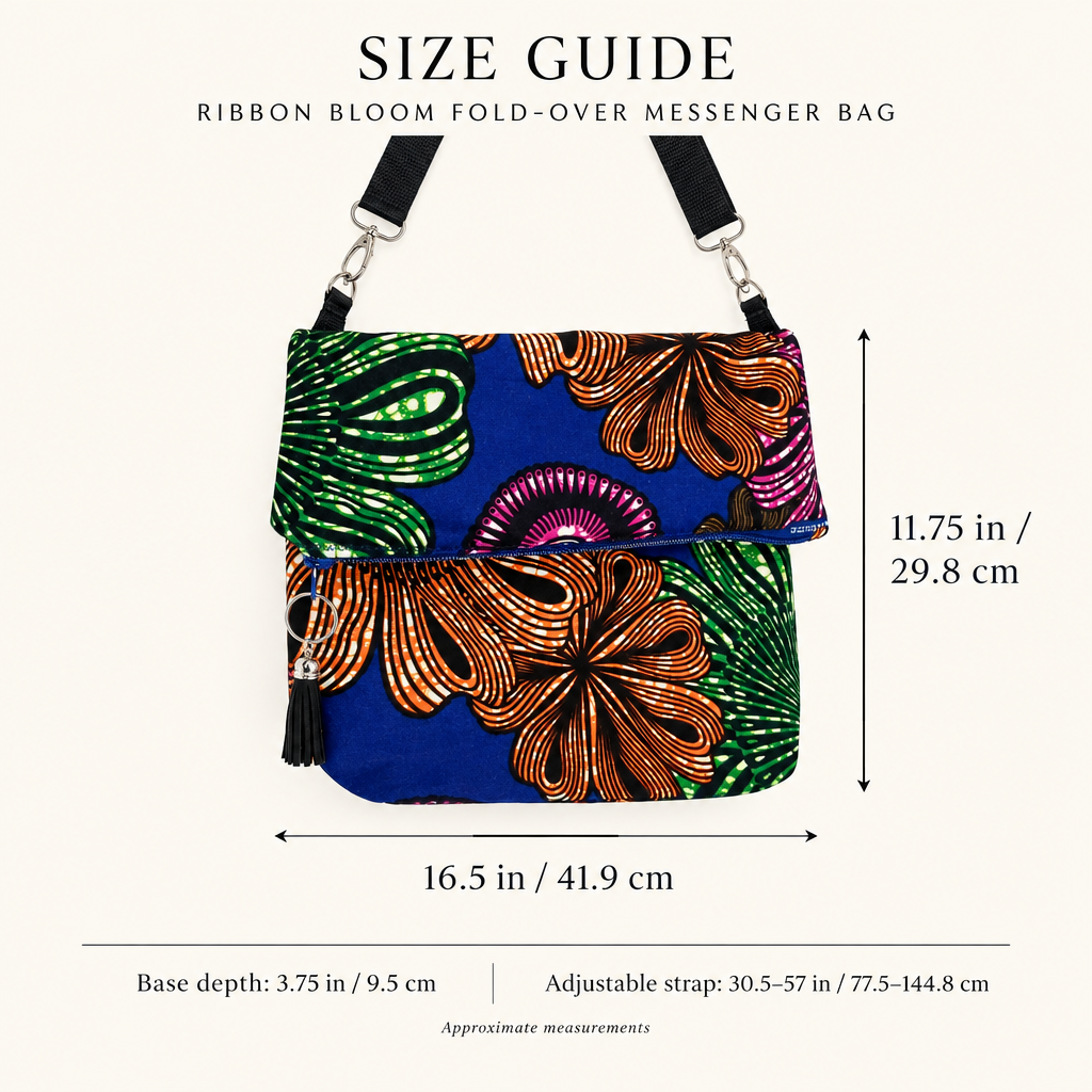 Ribbon Bloom messenger bag size guide: 16.5 inches wide, 11.75 inches high, 3.75 inches deep, with adjustable strap measurements.