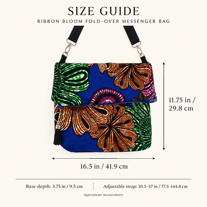 Ribbon Bloom messenger bag size guide: 16.5 inches wide, 11.75 inches high, 3.75 inches deep, with adjustable strap measurements.