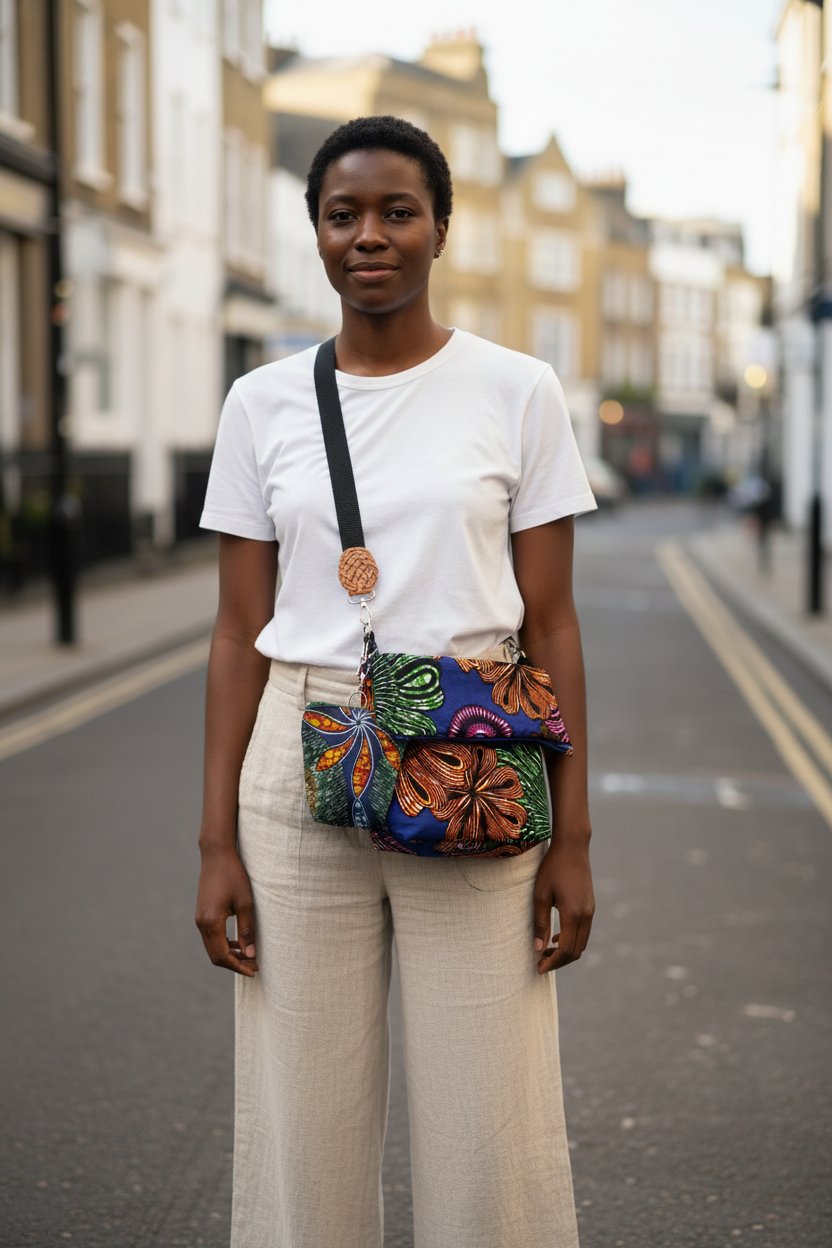 Gender-neutral person on a London street wearing African wax print crossbody messenger bag with large flower zipped pouch clipped to the strap, neutral linen outfit, street style photography