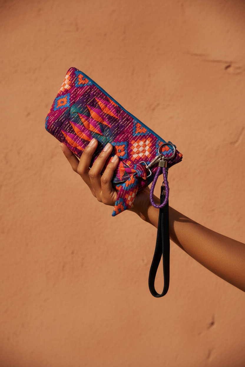 Hand with warm brown skin holding Kawandi quilted wristlet clutch with black wrist strap, magenta cobalt blue orange teal geometric quilted print, terracotta wall background